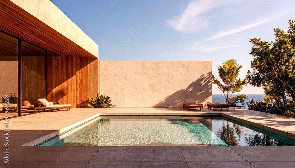 Fototapeta premium serene poolside scene with tropical plants casting shadows on a concrete wall