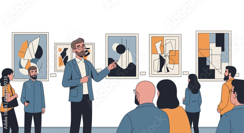 Art Gallery Tour with an Expert Guide Explaining Modern Abstract Art to a Group