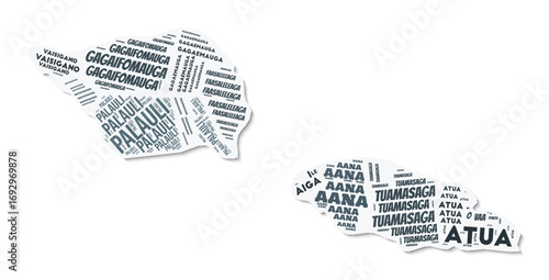 Samoa shape text cloud. Country border with shadow on white background. Samoa with regions division in vintage gazette style. Awesome vector illustration.