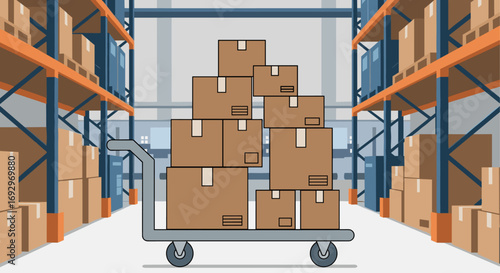 Warehouse Logistics and Distribution with Boxes on a Hand Truck