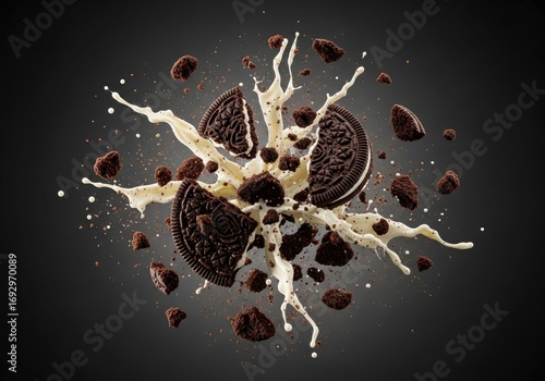 Dark round sandwich biscuits with cream filling fragmented and splashing in white liquid with crumbs against a dark gradient background