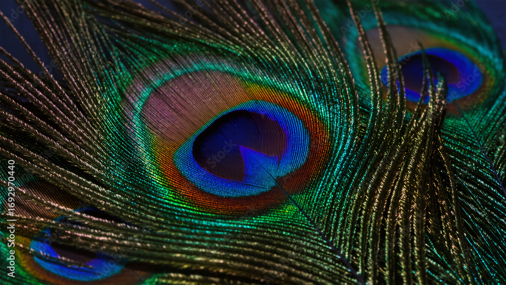 Obraz premium A close-up, macro shot of the iridescent eye and fibers of several peacock feathers. 