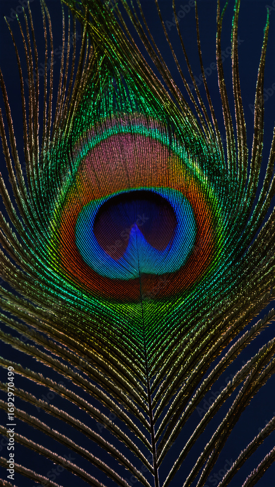 Obraz premium A vertical, macro shot of a single peacock feather. The intricate eye of the feather is in sharp focus, showing off the vibrant, iridescent colors of blue, green, and pink against a dark background.