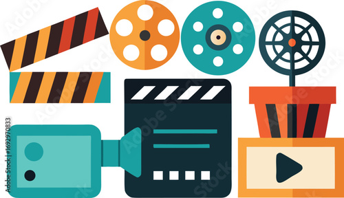 Film festival icons collection clapperboard movie reels camera play button vector eps