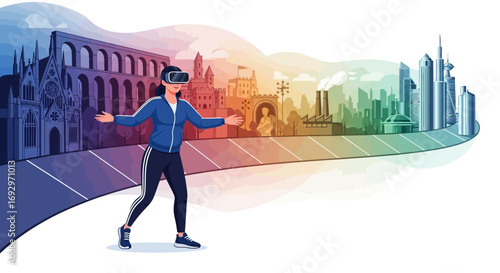 Woman experiences virtual reality tour through landmarks and urban landscapes using a vr headset