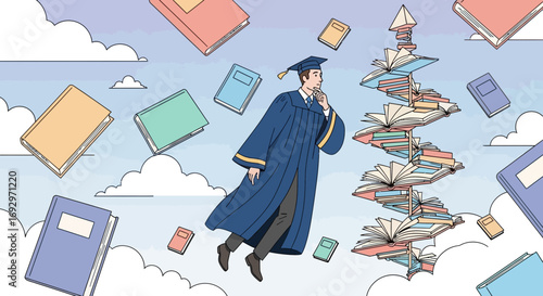A graduate student surrounded by books in the sky symbolizing academic achievement and the pursuit