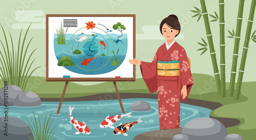 A Japanese woman explaining the water cycle in a koi pond near bamboo trees