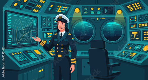 Animated Submarine Captain at Work: Navigating the Depths with Precision and Authority