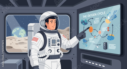 Astronaut explaining oxygen cycle in space station with earth view and futuristic design