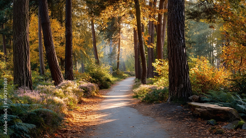 Obraz premium Peaceful Forest Path Autumn Sunlight Nature Walk Trees Golden Light Natural Beauty