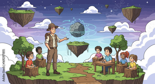 Cartoon illustration of a teacher explaining a levitating meteor to students on a floating island