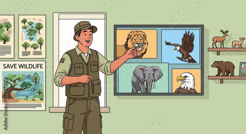 Cartoon illustration of a park ranger presenting wildlife conservation and education