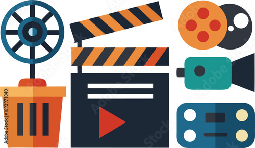 Film festival icons collection vector graphics clapperboard film reel movie camera and play button eps