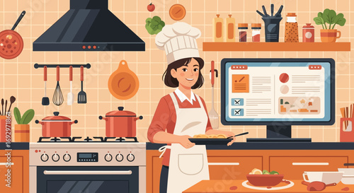 Charming female chef character cooking in her kitchen while looking at a recipe on the computer