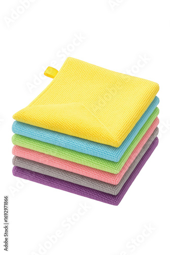 Photo of a stack of colorful microfiber cleaning cloths in yellow, blue, green, pink, gray, and purple, isolated on a transparent background