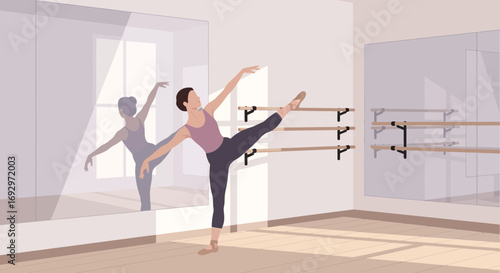 Elegant ballet dancer gracefully practicing a pose in a dance studio with mirrors and ballet bars