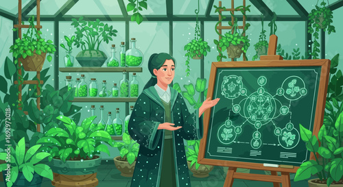 Enchanting greenhouse herbology professor lecturing on plant connections in magical studies