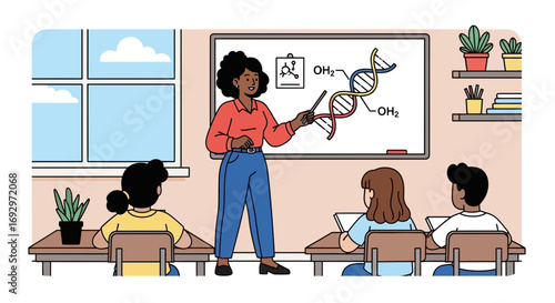 Engaging science lesson: Teacher explaining dna structure to students in classroom setting