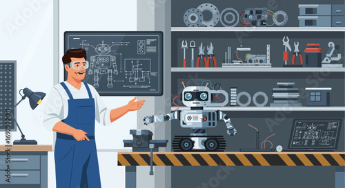 Engineer building a robot in his workshop surrounded by tools and electronics equipment crafting