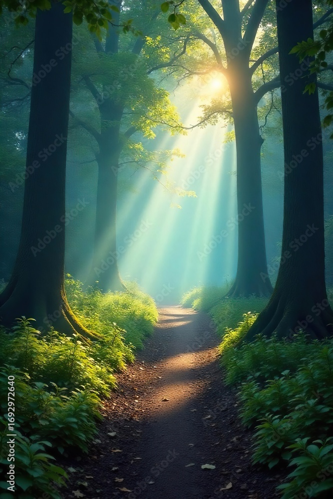Naklejka premium Mystical Woodland Path Sunlight Dapples Through Ancient Trees, Creating an Ethereal Fog-Shrouded Scene Perfect for Fantasy and Fairytale Themes. Tranquil, Magical Atmosphere.