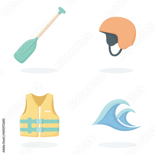 Four water sports equipment icons: paddle, helmet, life vest, and waves.
