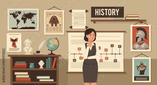 Illustration of a thoughtful history teacher in her classroom surrounded by artifacts and