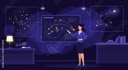 Illustration of astronomy professor explaining constellations in an educational lecture