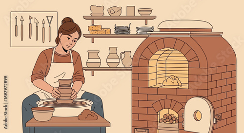 Illustrative depiction of a woman creating a pottery vessel in a studio setting with kiln