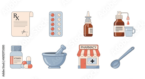 Assortment of essential pharmacy and medical supplies, including prescription forms, diverse medication, healthcare tools, and a depiction of a local drug store