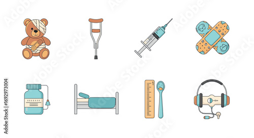Healthcare Icons Illustrated collection of medical symbols, bandages, and tools for health