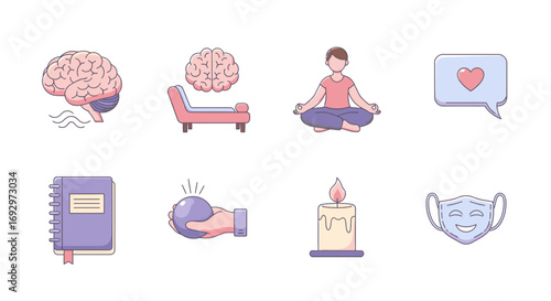 Collection of Mental Health and Wellness Icons Representing Therapy, Meditation, and Self-Care