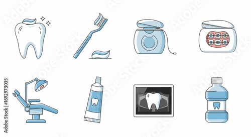 Dental Hygiene Icons A Collection of Toothbrushes, Floss, and Oral Care Items