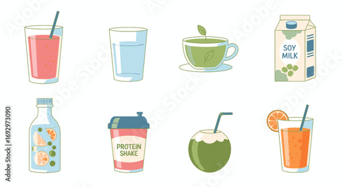A diverse collection of healthy and refreshing beverage illustrations, featuring juice, tea, water, and plant-based milk alternatives