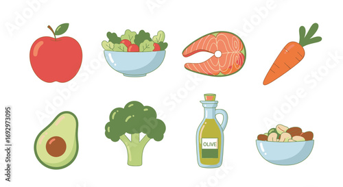 Flat design icon collection of healthy and organic food for nutrition and diet planning