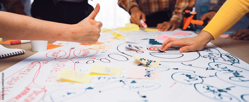 custom made wallpaper toronto digitalA dynamic brainstorming session featuring diverse hands working collaboratively on colorful sticky notes and charts, fostering creative ideas in a modern office backdrop. SACTR