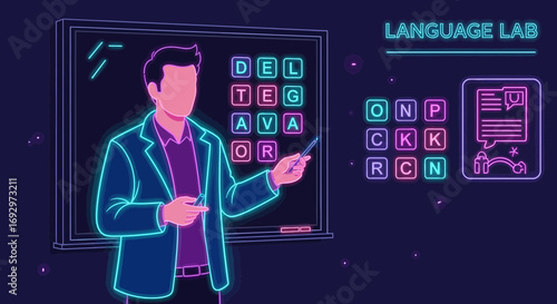 Neon illuminated Language Lab with an instructor near the blackboard explaining words clearly and