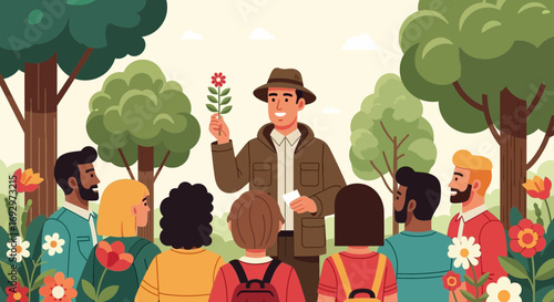 Park ranger leading educational nature walk with diverse group of people among trees and flowers