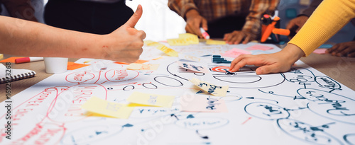 Bild auf Leinwand A dynamic brainstorming session featuring diverse hands working collaboratively on colorful sticky notes and charts, fostering creative ideas in a modern office backdrop
