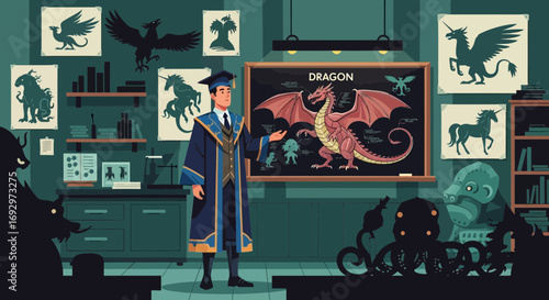 Professor Explains Dragon Anatomy and Other Mythological Creatures in a Dark Study