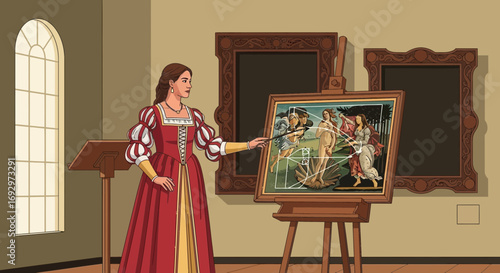 Renaissance woman explaining the golden ratio in Botticelli's Birth of Venus painting