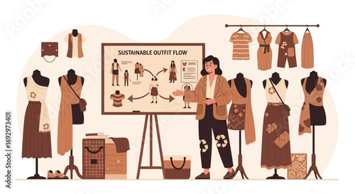 Sustainable fashion concept illustration featuring a woman presenting a sustainable clothing flow