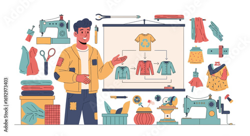 Sustainable fashion concept illustration showcasing clothing recycling process and handmade