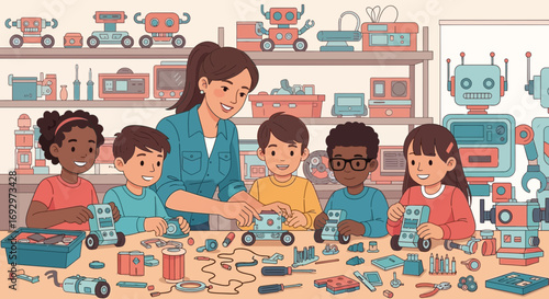 Teacher guiding children in a robotics class building robots together, fostering creativity and