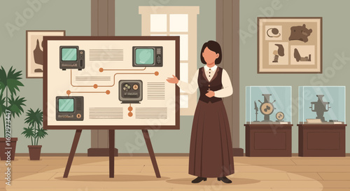 Victorian Era Woman Presenting a History of Television Sets at a Museum Display