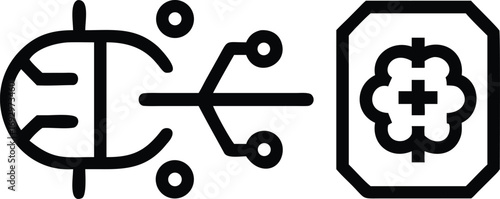 Minimalist line art icons representing artificial intelligence machine learning concepts and data processing
