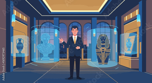 Virtual museum tour guide presenting artifacts and exhibits in a modern showcase