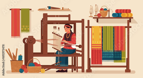 Traditional hand weaving illustration with woman at loom and colorful fabrics artisan
