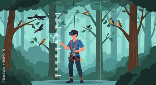 Virtual reality bird watching in a cartoon forest setting with a researcher