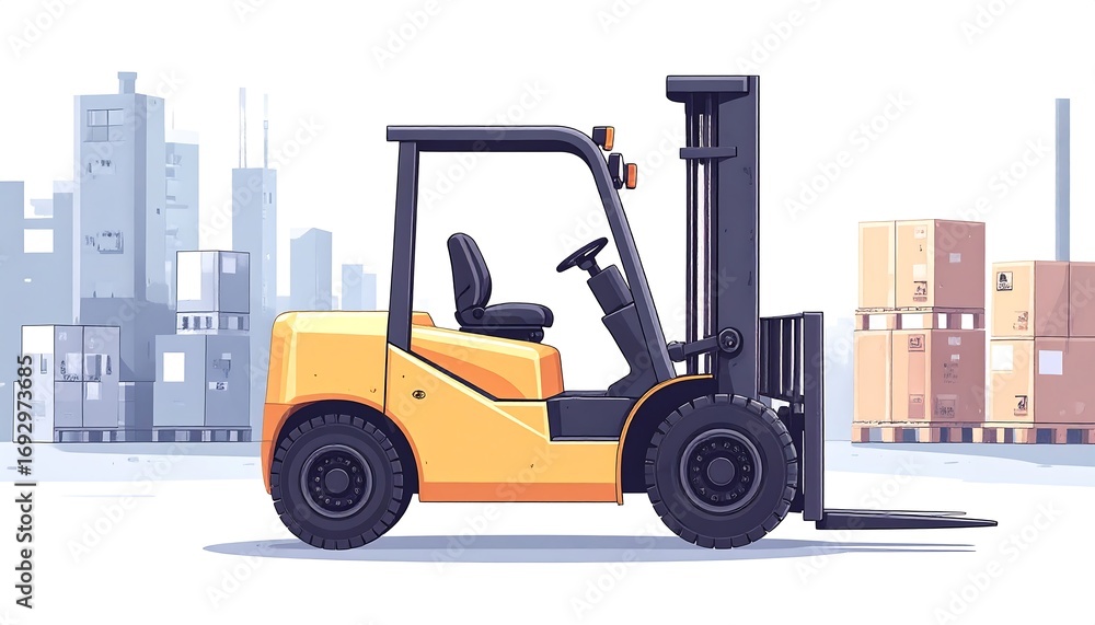 Fototapeta premium A yellow forklift in a warehouse setting, with a city backdrop
