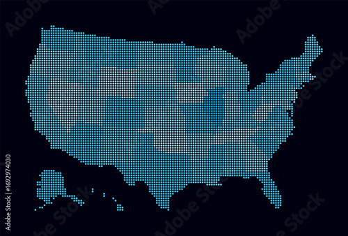 United States dotted map. Digital style map of the country on dark background. United States shape with circle dots. Colored dots style. Small size circles. Awesome vector illustration.